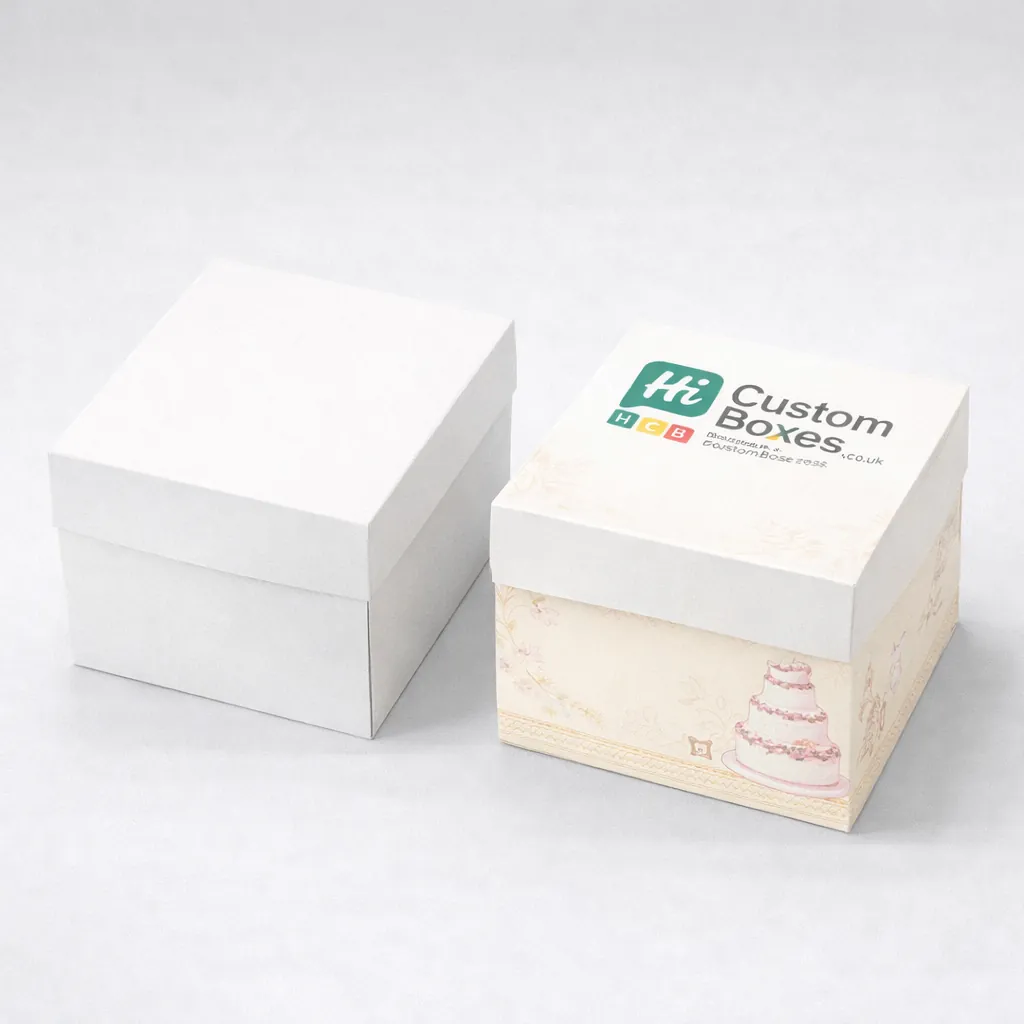 Closed square wedding cake boxes with lids, featuring one plain white and one cream-coloured box with floral designs. class=